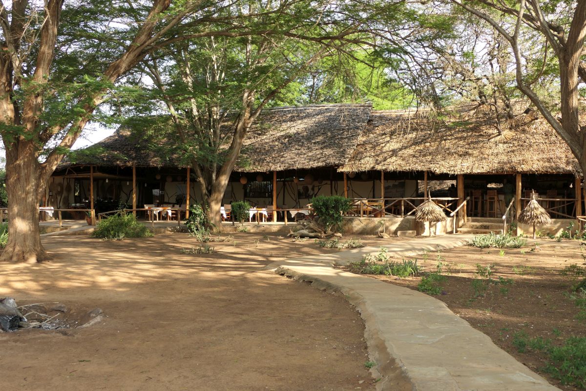 Großes Safari-Gebäude im Satao Camp mit strohgedecktem Dach und schattigen Bäumen.