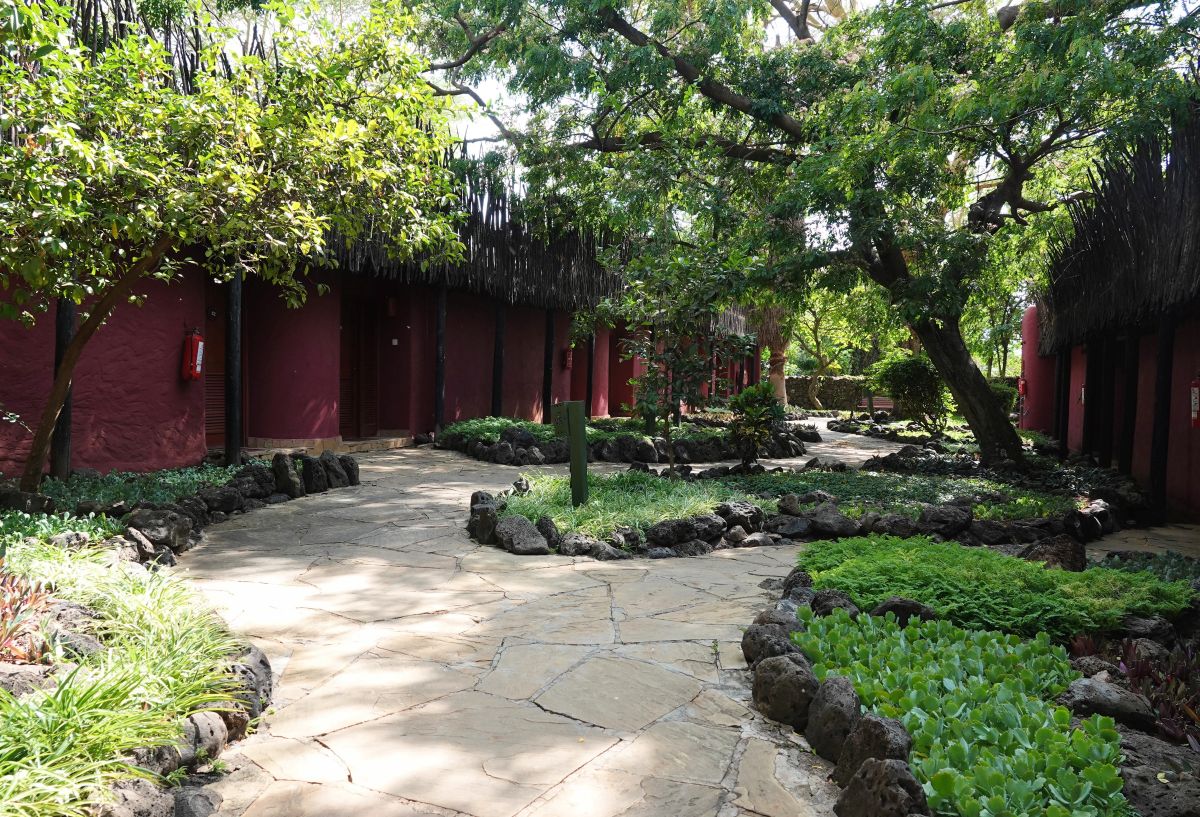Gepflegte Gartenanlage der Amboseli Serena Lodge mit schattigem Weg, üppiger Vegetation und traditioneller Architektur.