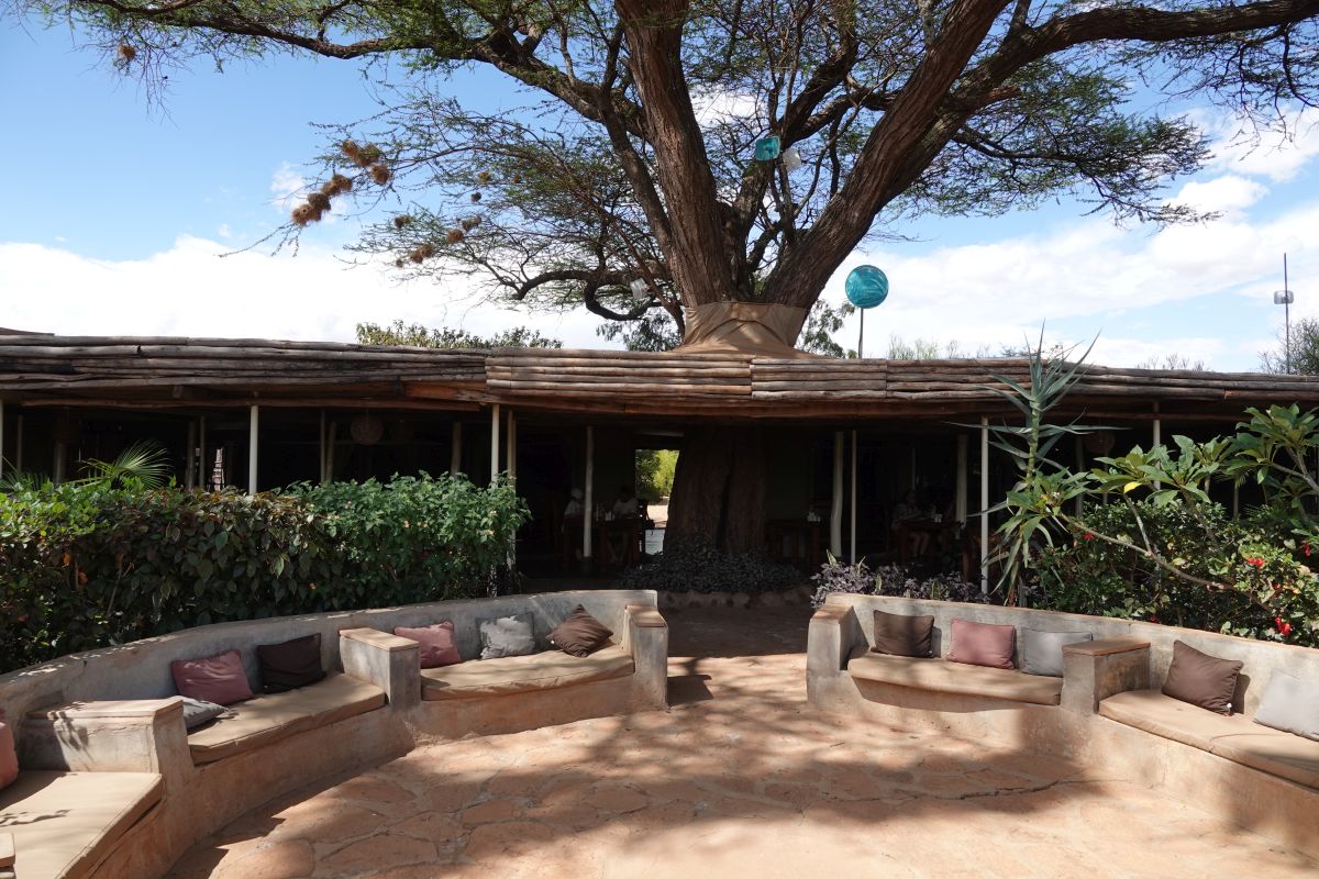 Offene Terrasse der Tulia Amboseli Lodge mit Sitzmauern und schattigem Aufenthaltsbereich.